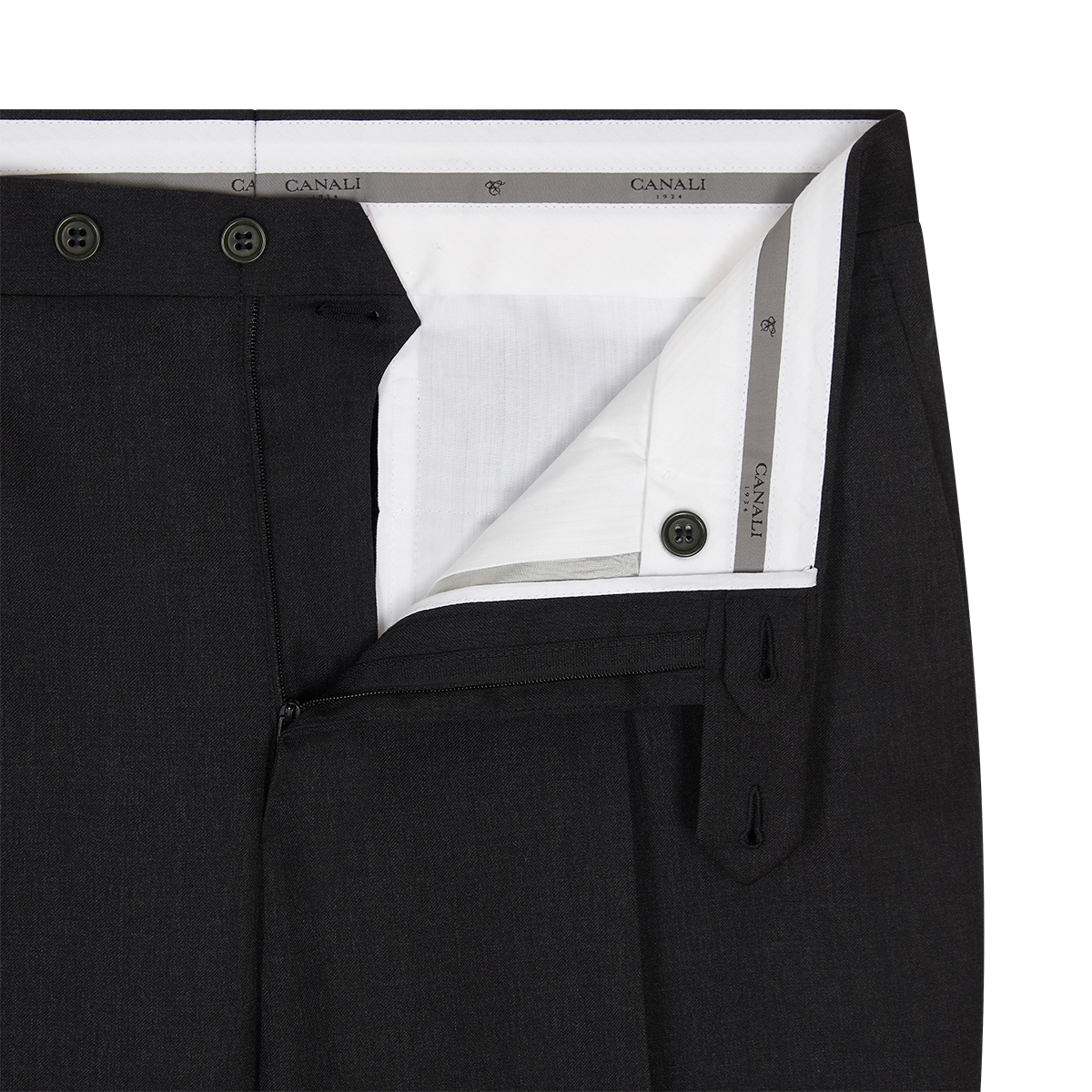 Close-up of the waistband and fly of Canali Black Flat Front Wool Trousers, partially unbuttoned and unzipped to show a white inner lining with gray trim, branded "Canali," and dark buttons. , available at Richard Gelding Mayfair