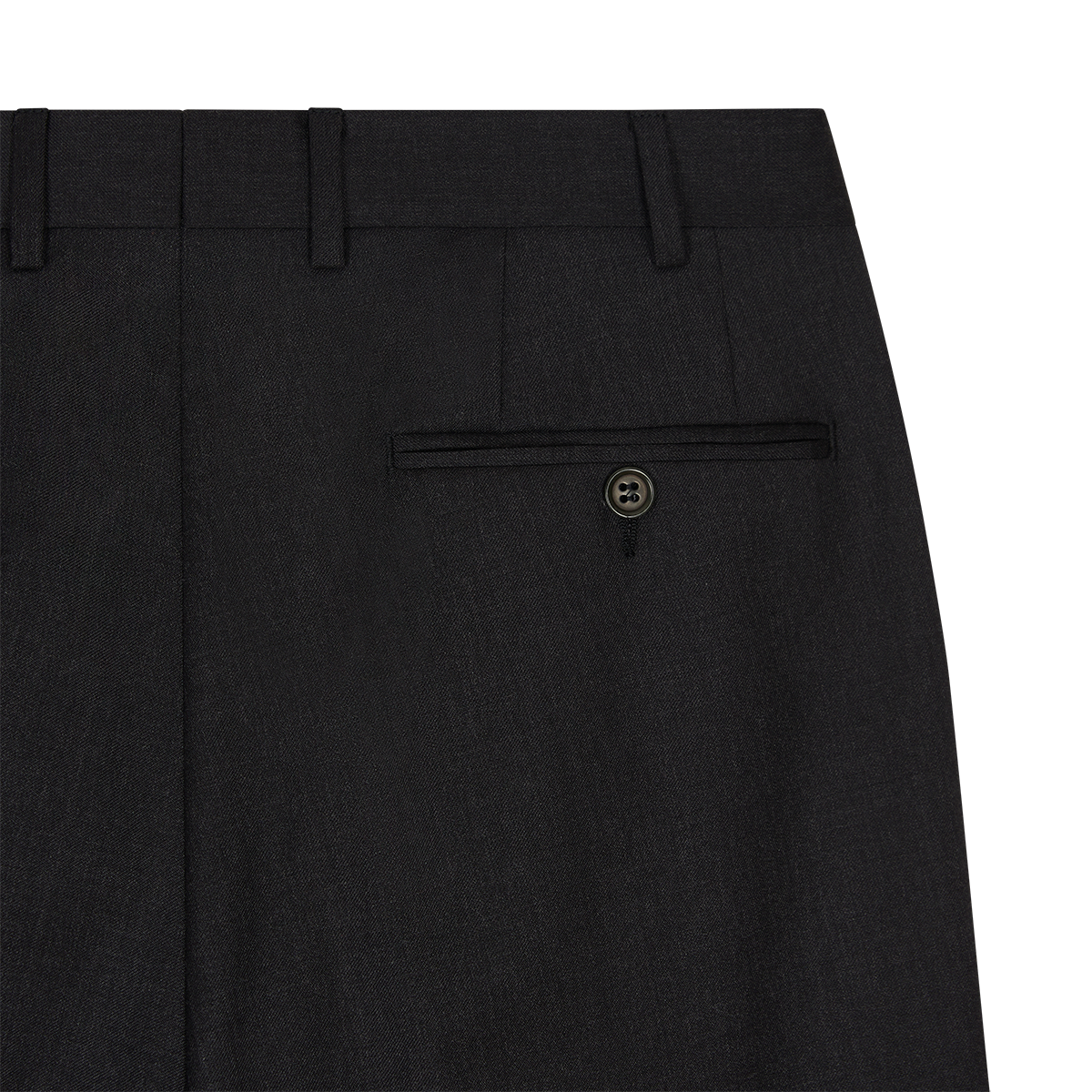 Close-up of Canali Black Flat Front Wool Trousers shows waistband with belt loops, single right back welt pocket with dark button, neatly stitched seams, and smooth, slightly textured wool fabric. , available at Richard Gelding Mayfair
