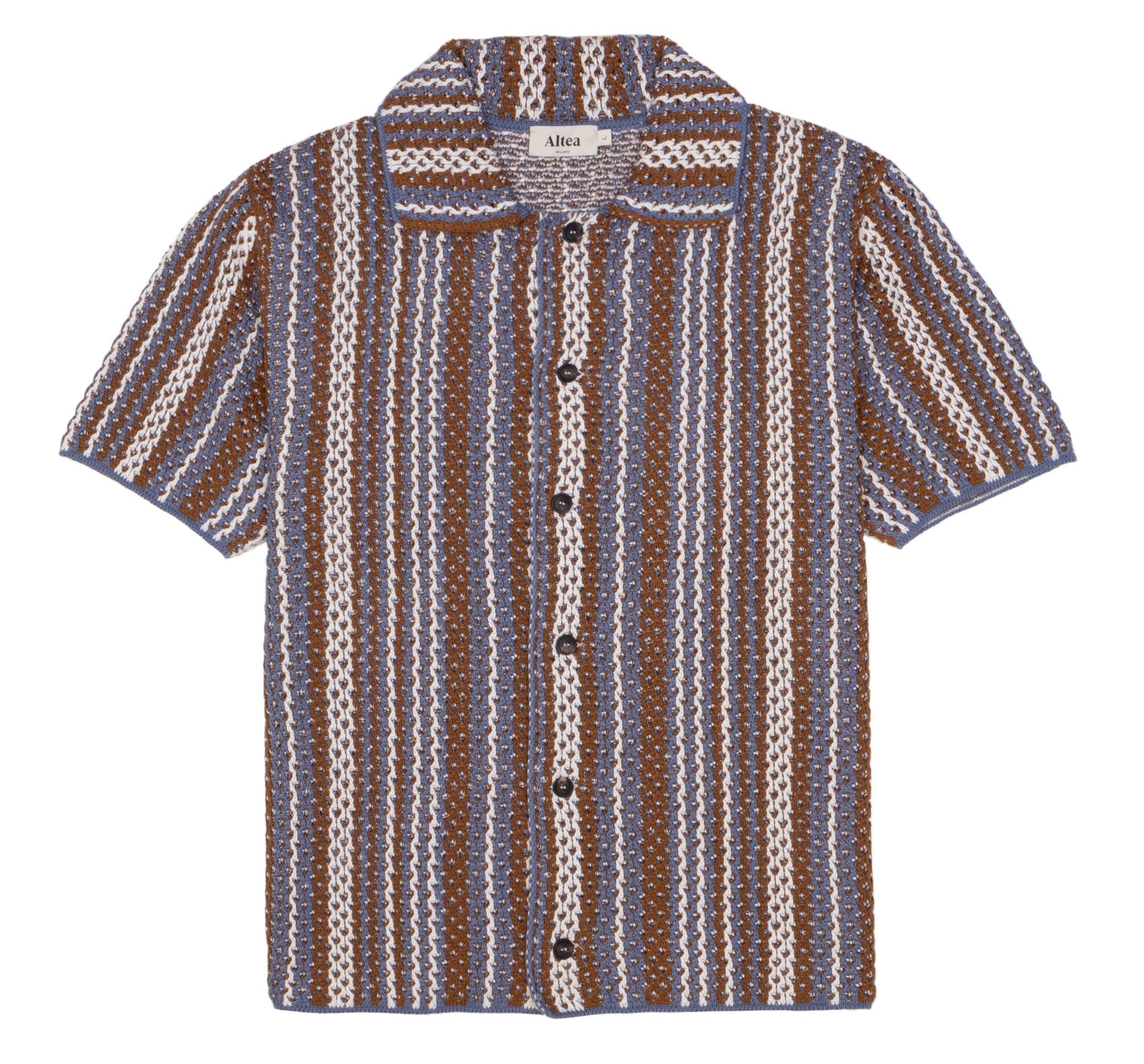 The Altea Brown Blue Cream Cotton Knitted Polo features short sleeves, a textured vertical stripe knit in brown, cream, white, and blue, plus a wide collar and dark buttons for a retro-inspired style—ideal for versatile travel wear. , available at Richard Gelding Mayfair
