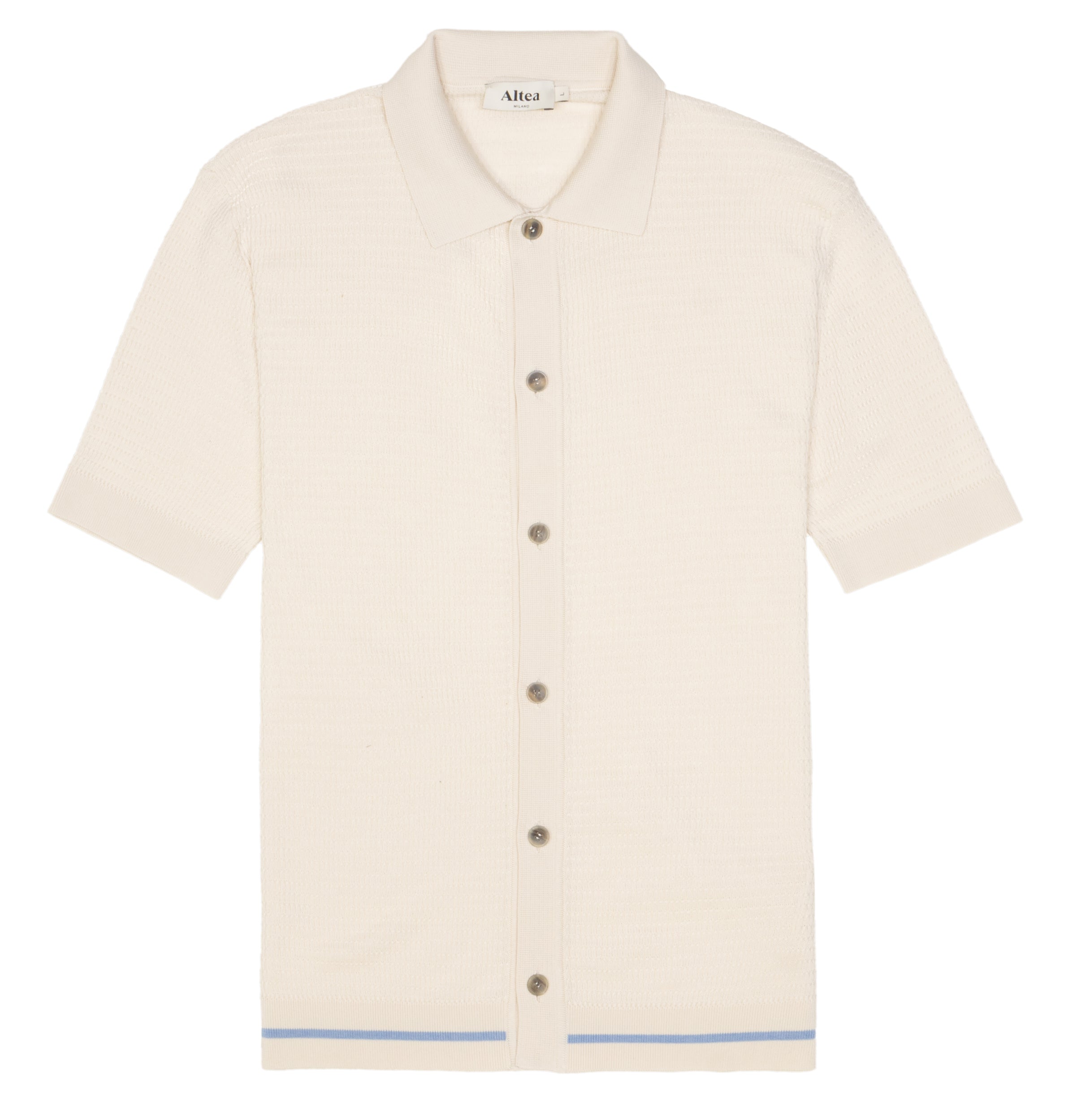 The Altea Cream Blue Trim Waffle Cotton Button Polo is a refined men’s casual shirt with short sleeves, a buttoned collar, and a subtle blue stripe near the hem—perfect for everyday style. , available at Richard Gelding Mayfair