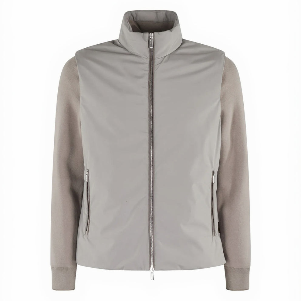 The Moorer Ivory Avorio Removable Sleeve Evan Bomber features a light gray, high-collar design with zippered front and pockets, combining sleek panels with matte sleeves and sides. Shown against a plain white background. , available at Richard Gelding Mayfair