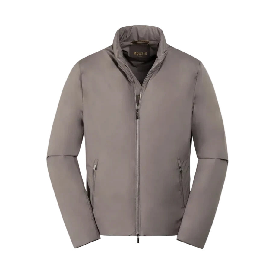 The Moorer Ivory Avorio Nylon Alcide Blouson is a light gray, wrinkle-resistant jacket with a high collar and side pockets. Its smooth matte finish and minimalistic design evoke European sophistication, shown against a white background. , available at Richard Gelding Mayfair