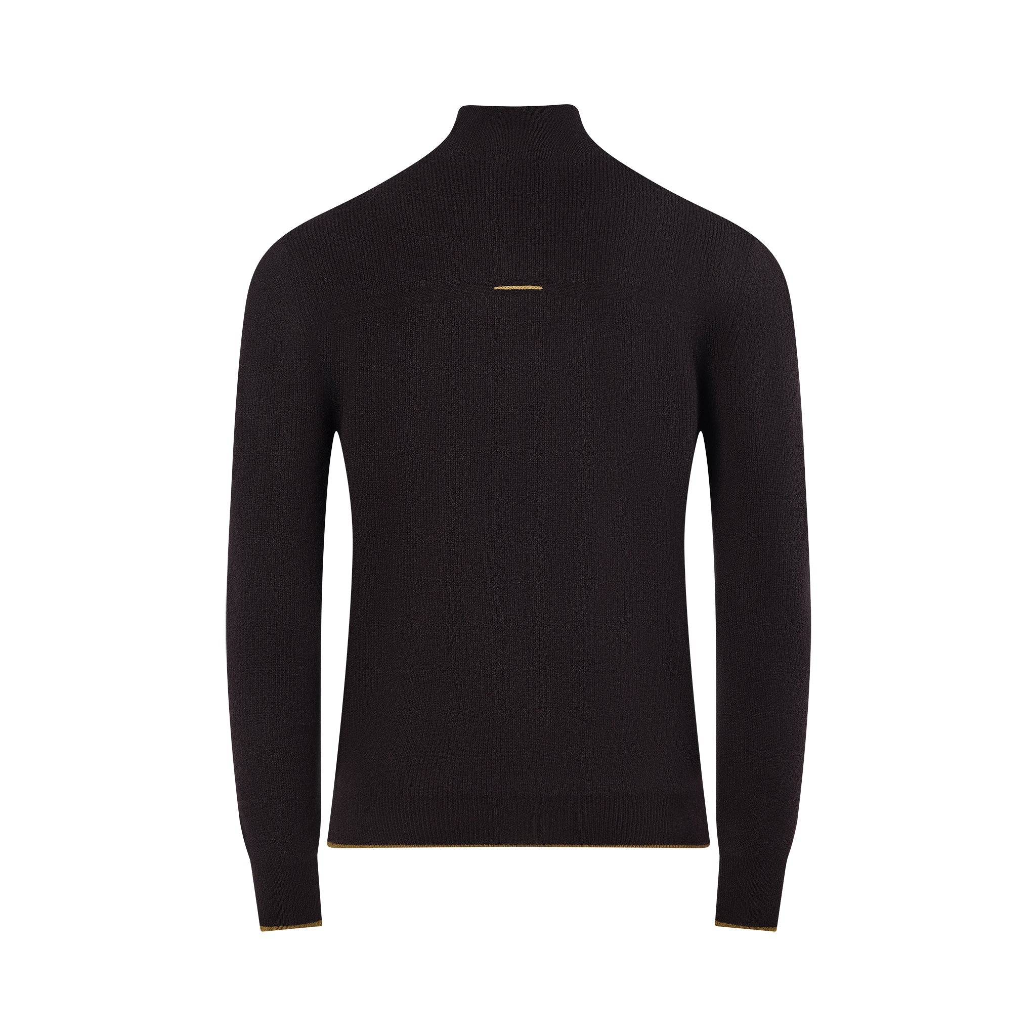 The image displays the back of the TECHIN Black Cashmere Double Zip Sweater, featuring long sleeves, a high collar, a small gold accent on the upper back, and gold-trimmed cuffs and hem. The sweater is laid flat on a white background. , available at Richard Gelding Mayfair