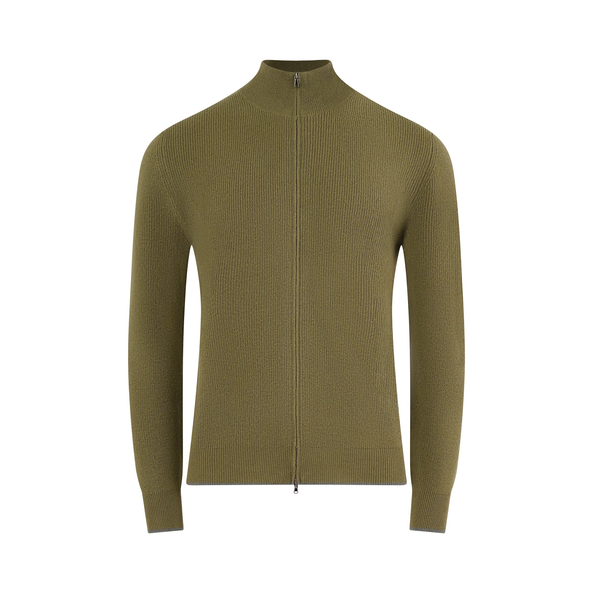 A front view of the TECHIN Green Cashmere Double Zip Sweater, featuring olive green knit, long sleeves, a full-length double zipper, mock neck collar, fitted silhouette, ribbed texture, and simple cuffs and hem without patterns. , available at Richard Gelding Mayfair
