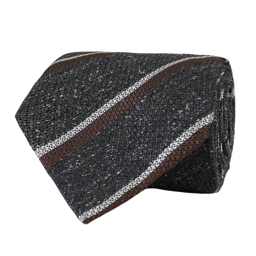 Grey Striped tie in Bourette silk
