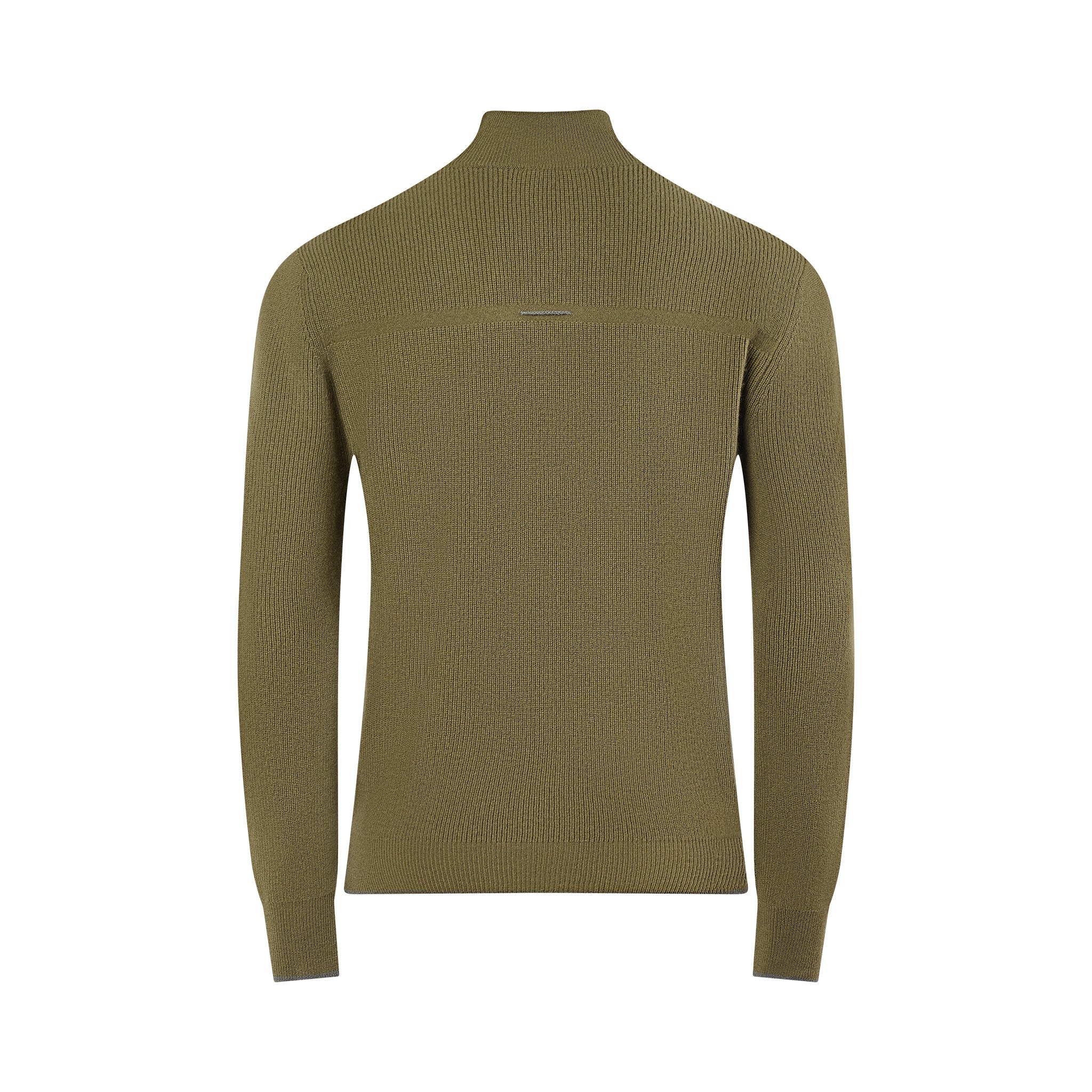 The TECHIN Green Cashmere Double Zip Sweater features long sleeves, a ribbed texture, and a high mock neck. Shown from the back, it has a simple, fitted design with no visible logos or patterns. , available at Richard Gelding Mayfair
