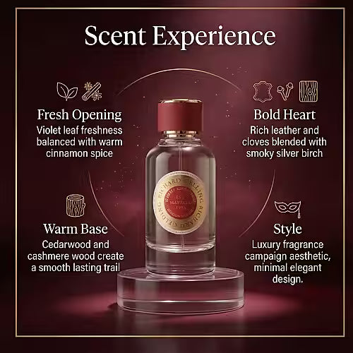 A clear glass bottle of Richard Gelding Sultan EdP 100ml with a red and gold label sits on a round platform against a maroon background. Text highlights its fresh opening, bold heart, warm base, and refined fragrance style with icon accents. , available at Richard Gelding Mayfair