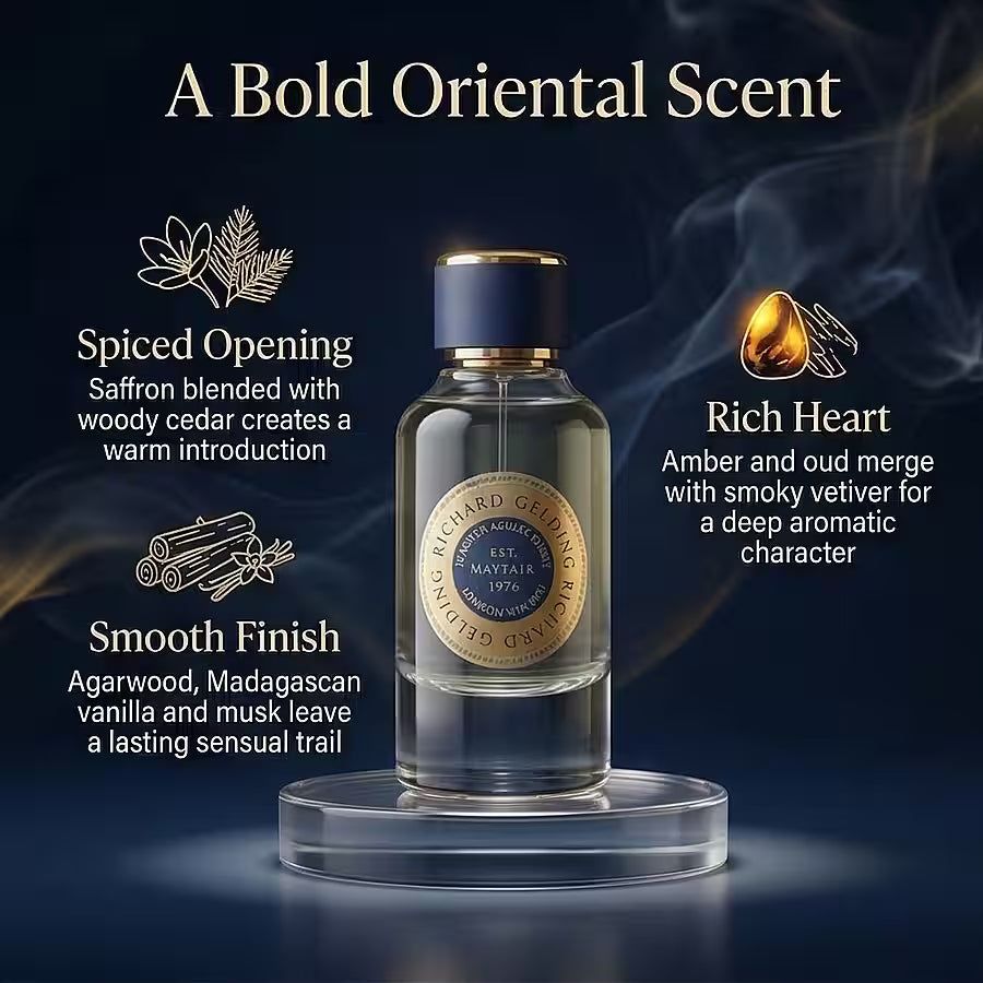 The Richard Gelding No.76 EdP 100ml is displayed on a clear stand against a smoky backdrop, featuring bold oriental notes of saffron, cedar, amber, musk, smoky oud and vetiver heart, finished with smooth Madagascar vanilla. , available at Richard Gelding Mayfair