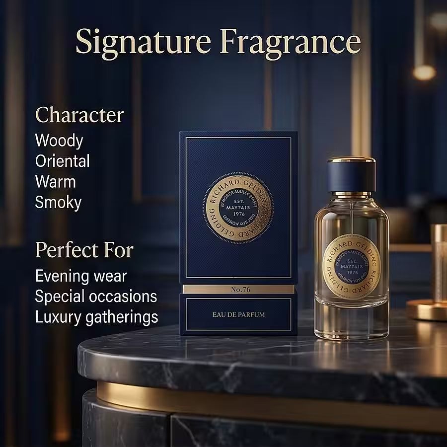 The Richard Gelding No.76 EdP 100ml bottle and box, with gold accents, rest on a marble counter in a dark elegant room. Its woody, oriental scent has warm smoky notes with subtle amber and musk—ideal for special occasions and luxury gatherings. , available at Richard Gelding Mayfair