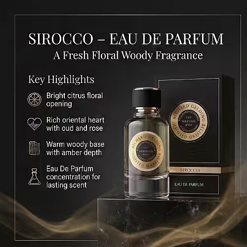 A Richard Gelding Sirocco EdP 100ml perfume bottle stands beside its black and gold box. Elegant text describes citrus floral notes, a rich heart, warm woody base, and a long-lasting oriental scent against a dark backdrop. , available at Richard Gelding Mayfair