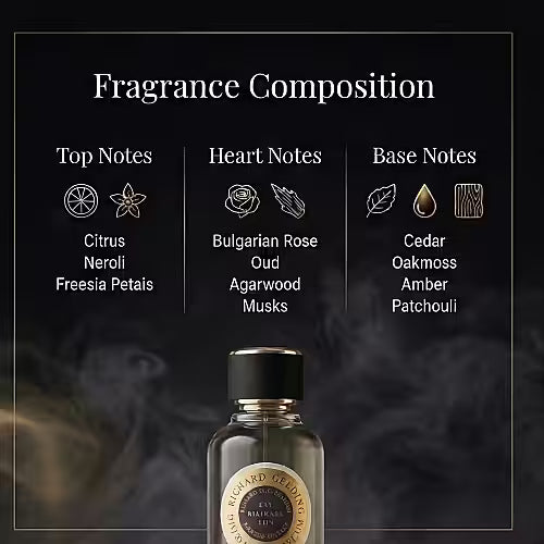An infographic for Richard Gelding Sirocco EdP 100ml shows the perfume bottle, with fragrance notes and icons above. This oriental scent by Richard Gelding features citrus, neroli, oud, musks, amber, and patchouli for long-lasting wear. , available at Richard Gelding Mayfair