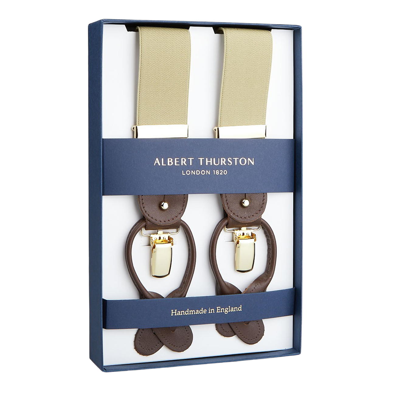 A pair of handmade Albert Thurston Dark Beige Nylon Elastic 35mm braces in a presentation box, highlighting their English craftsmanship.