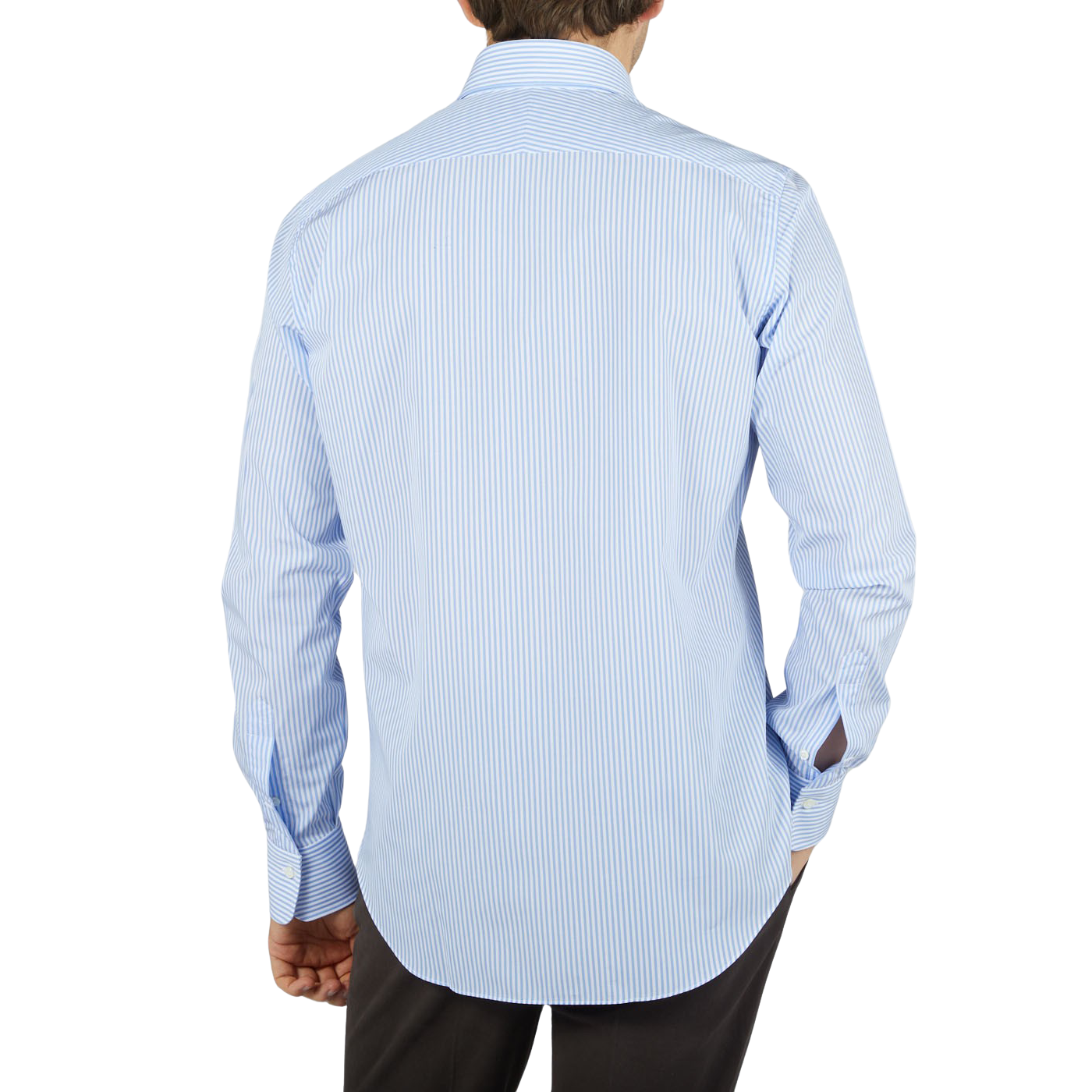 The back view of a man wearing a blue shirt, showcasing the Alessandro Gherardi Sky Blue Striped Cotton Single Cuff Shirt.