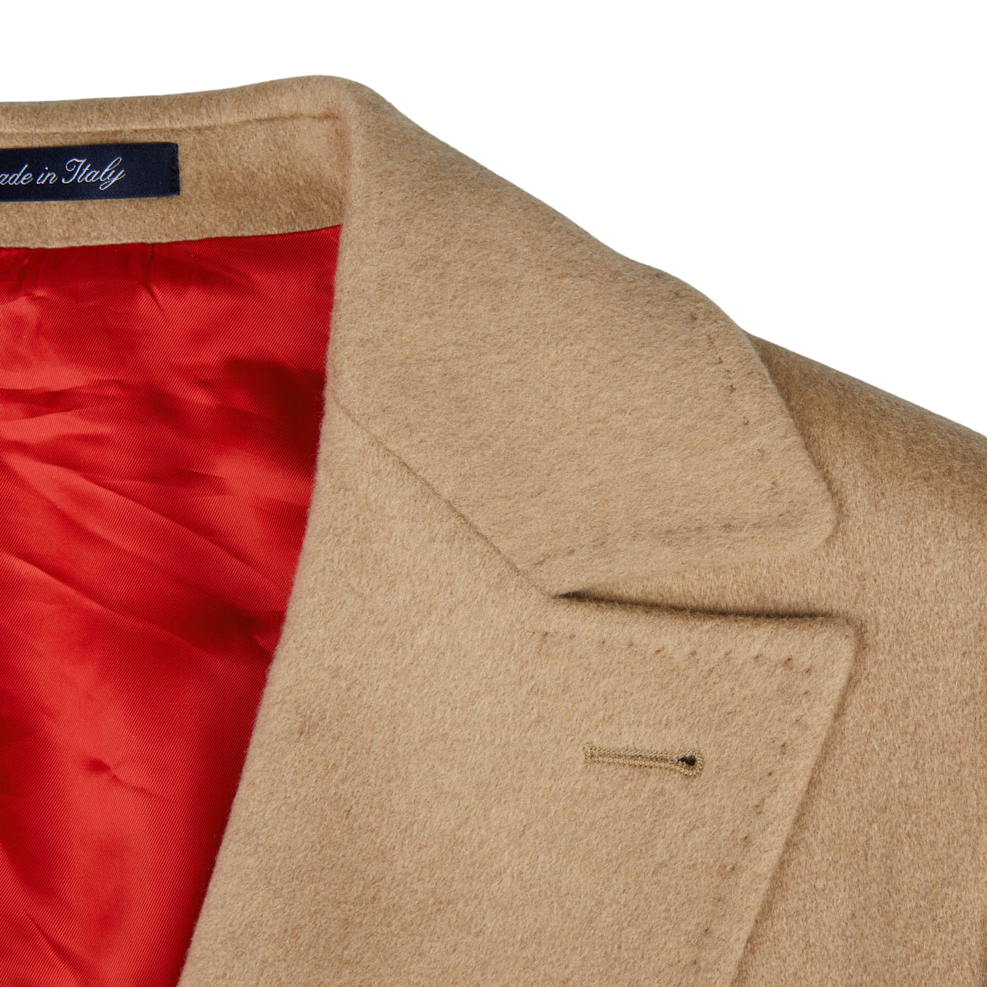 An Alexander Kraft Monte Carlo Camel Beige Pure Cashmere Florence DB Overcoat with a red lining.