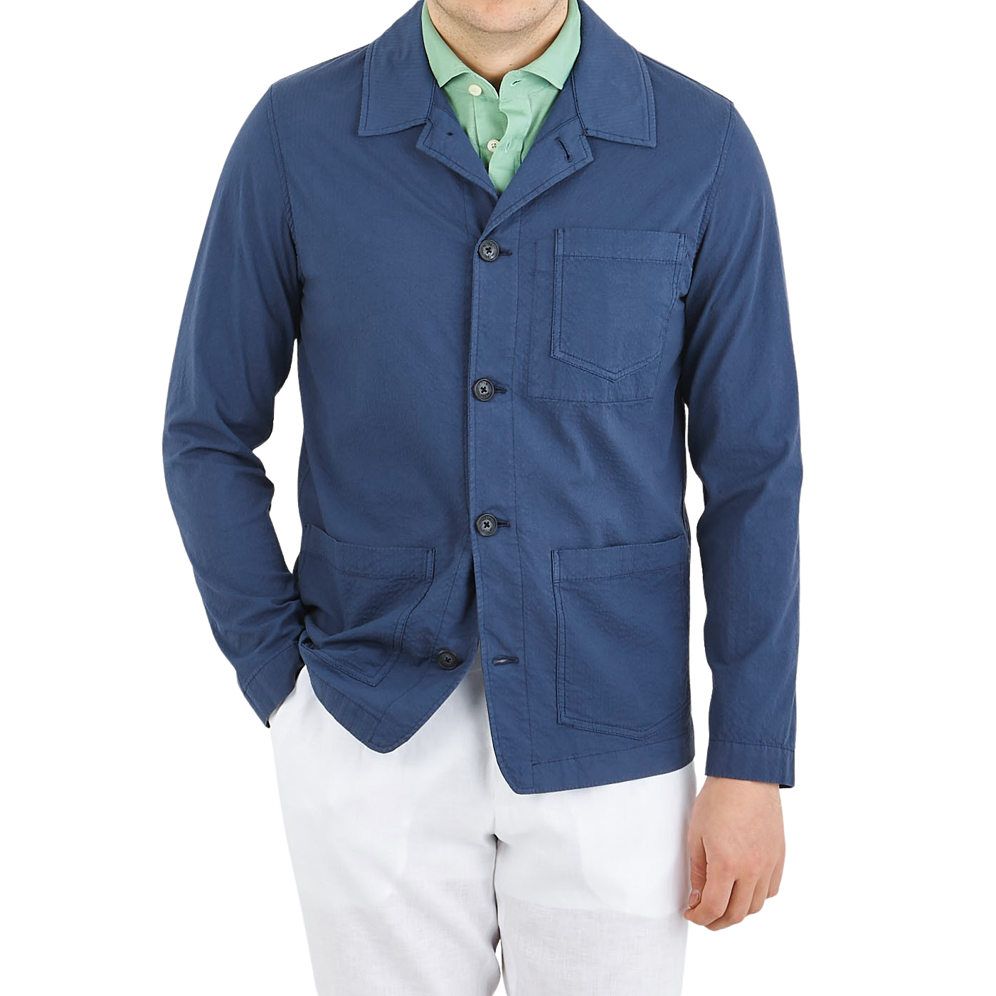Altea Blue Washed Blue Cotton Seersucker Shacket Front
