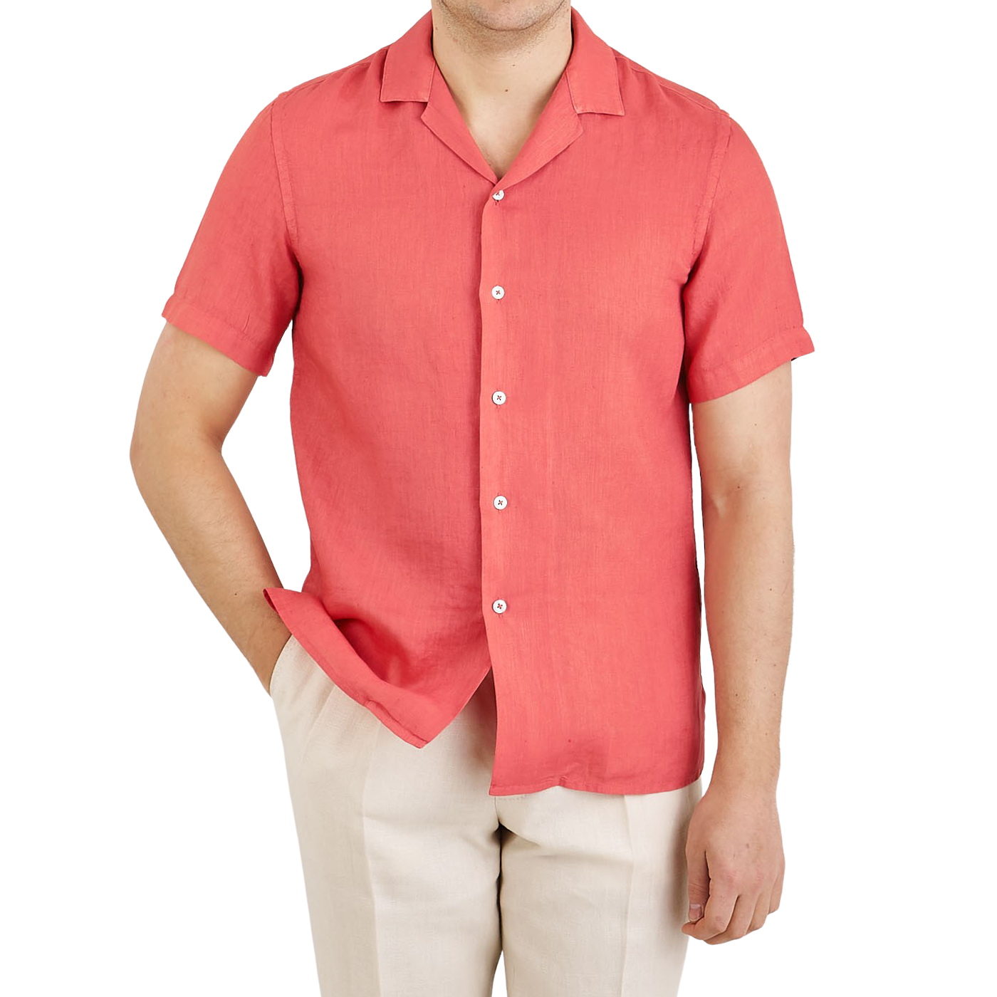 Altea Coral Red Linen Short Sleeve Shirt Front
