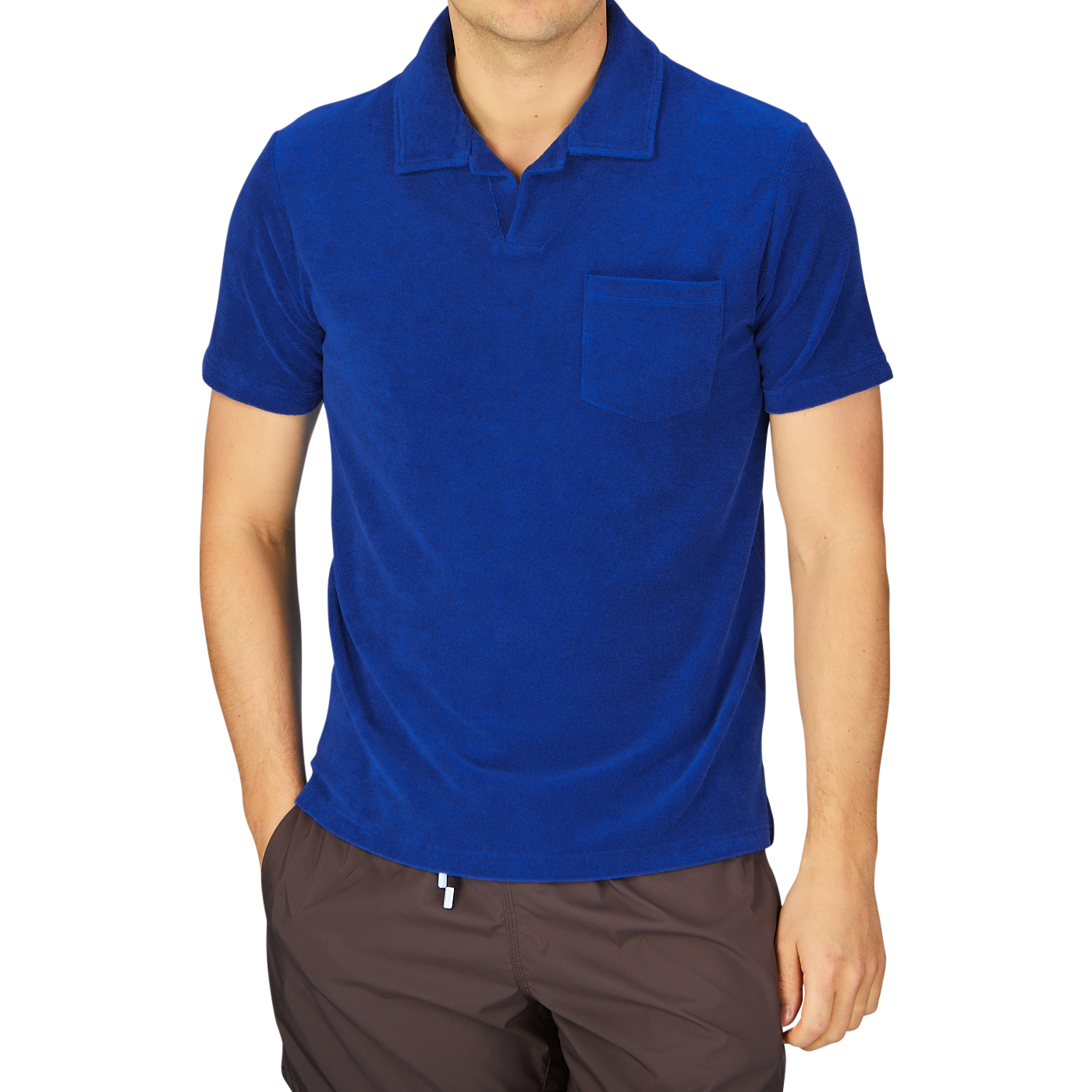 Man wearing a casual Altea Dark Blue Cotton Towelling Capri Collar Polo Shirt with a chest pocket.