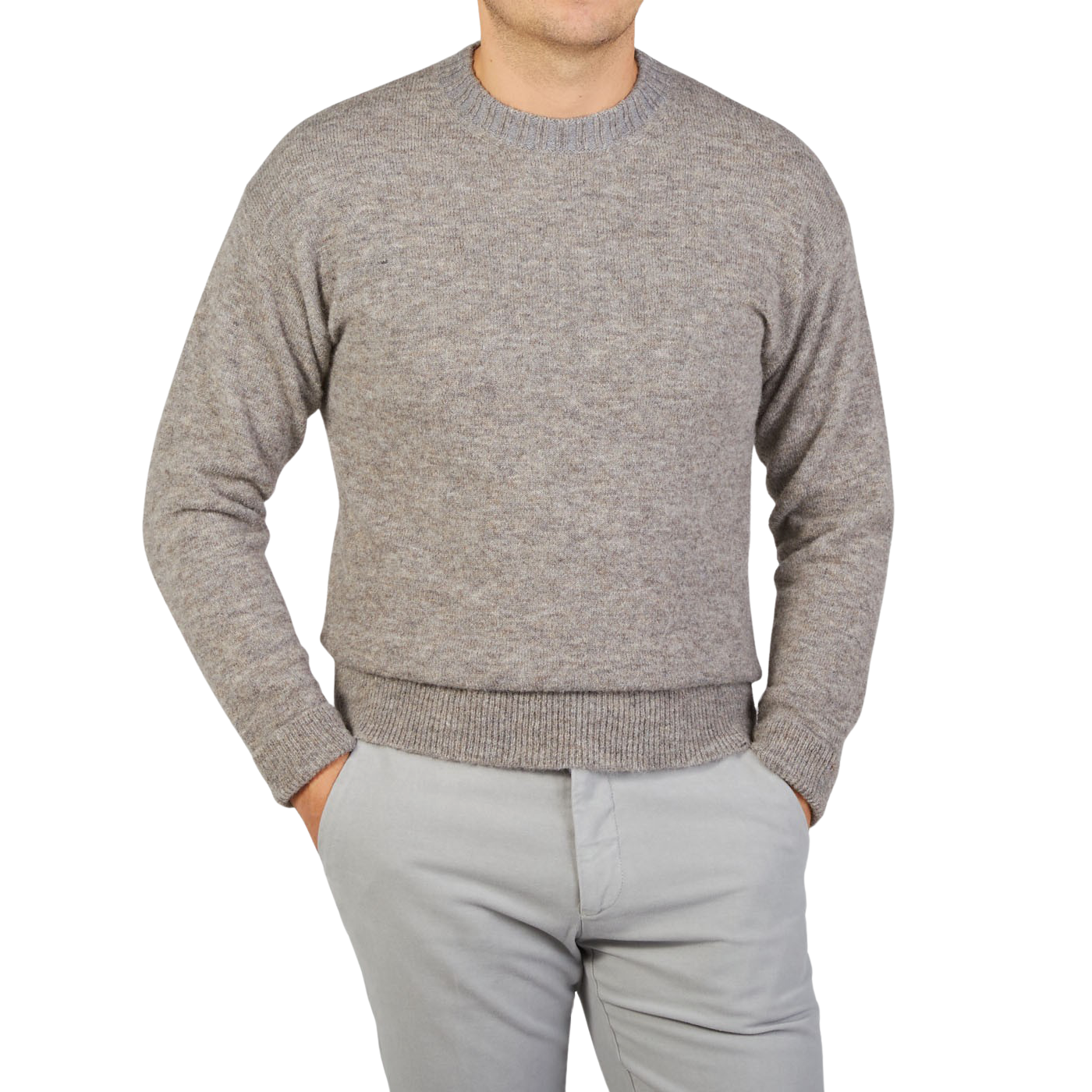 A man wearing an Altea Grey Melange Wool Alpaca Crewneck Sweater.