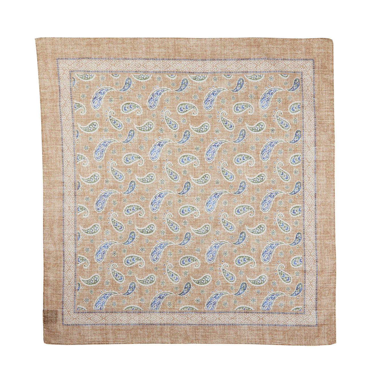 Amanda Christensen Beige Melange Paisley Print Cotton Bandana with a bordered edge.