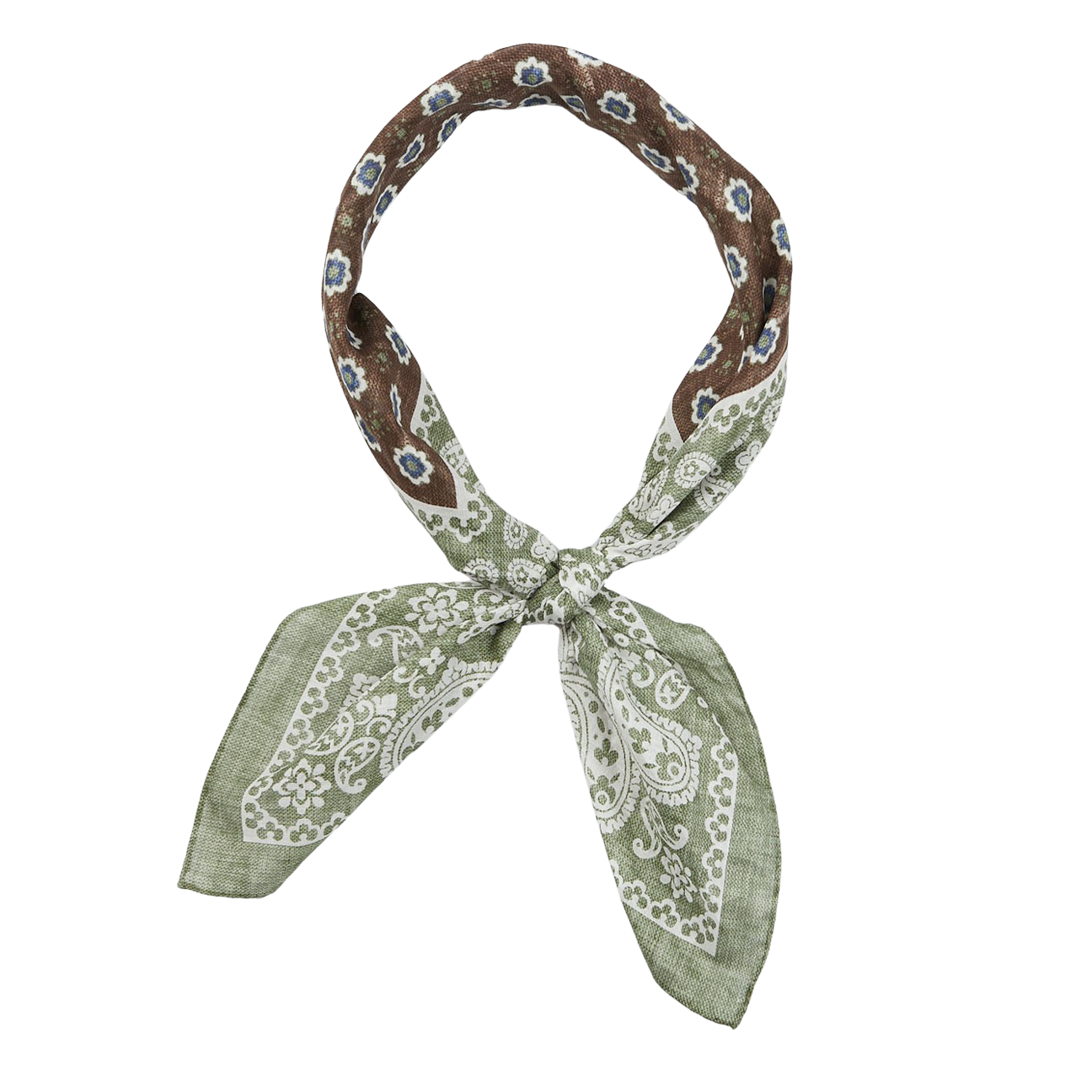 Amanda Christensen Olive Melange Paisley Print Cotton Bandana tied in a knot on a white background.