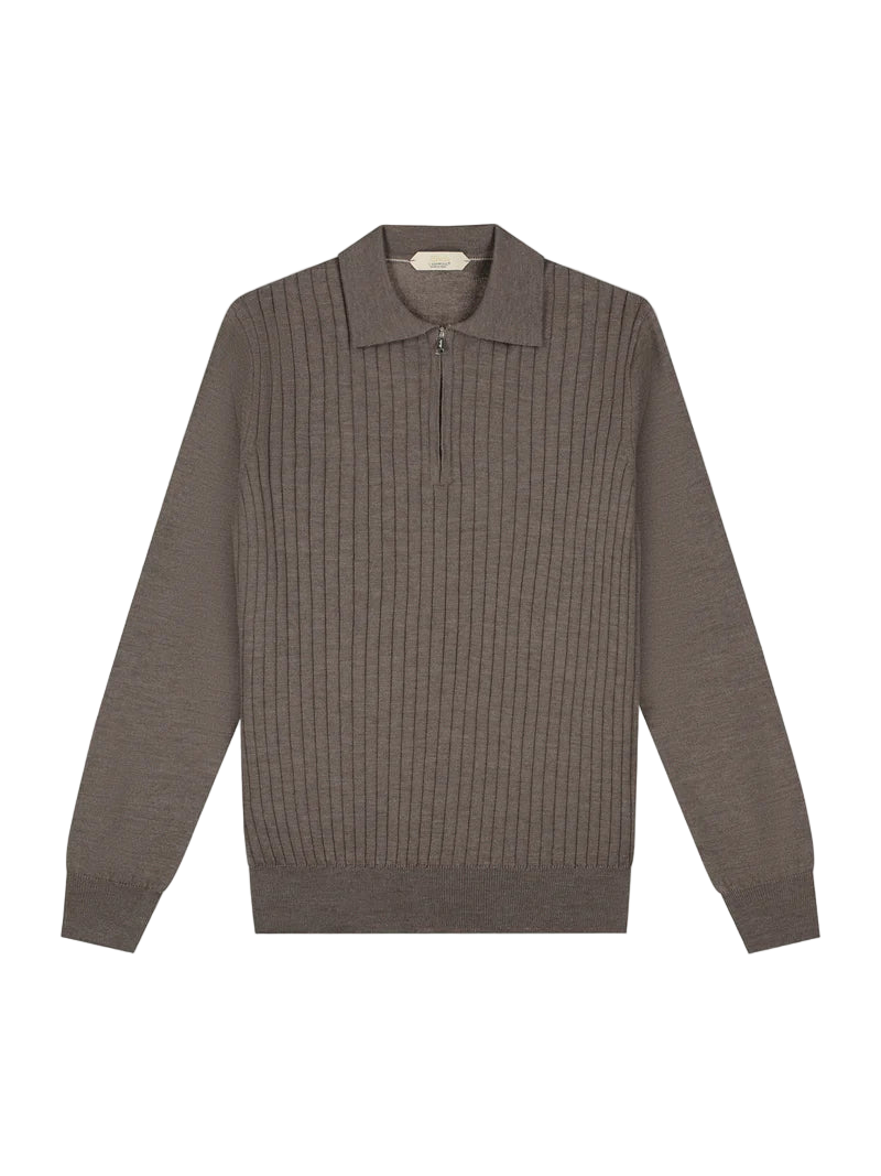 Ash Grey Cashwool Ribbed Zipper Polo LS