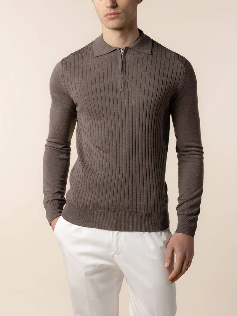 Ash Grey Cashwool Ribbed Zipper Polo LS