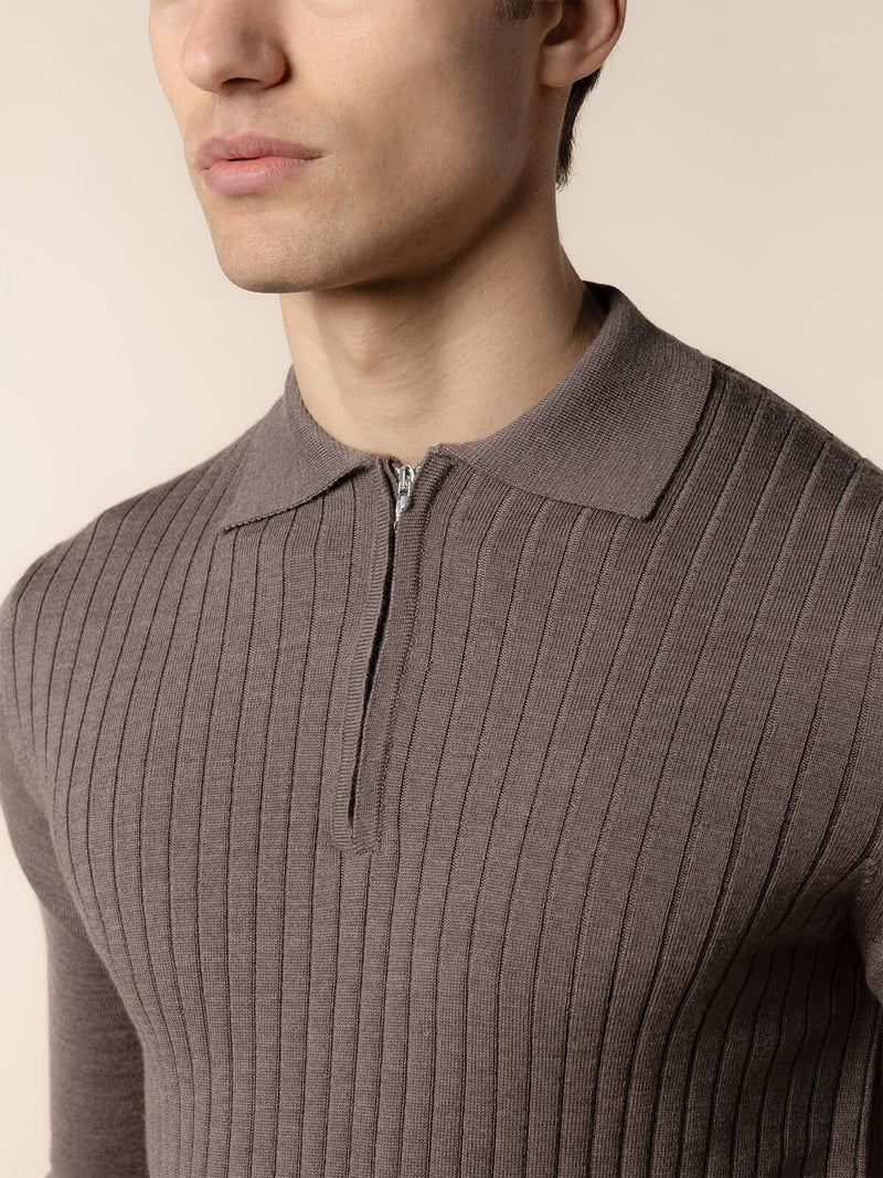 Ash Grey Cashwool Ribbed Zipper Polo LS