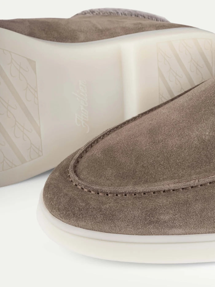 Close-up of Ash Grey Suede Desert Boots with Cashwool Trim by Aurélien, featuring visible stitching and soft suede texture that highlight exceptional Italian craftsmanship. The clean white rubber soles are shown, with one boot displaying the sole pattern and the word Flexxtech embossed on the bottom. The background is plain and light-colored. , available at Richard Gelding Mayfair