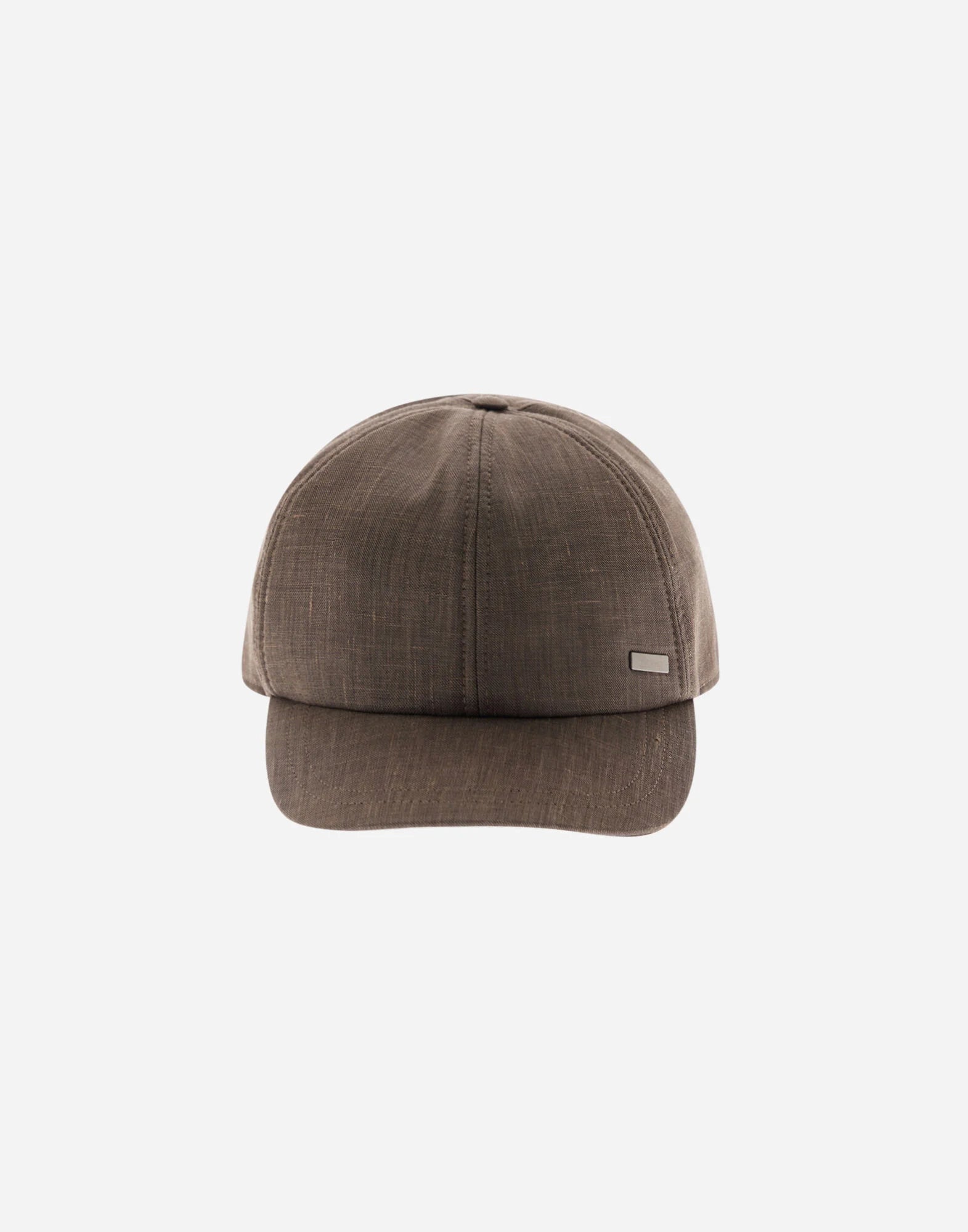 The Herno Beige Loro Piana Linen Wool Woven Cap features a curved brim, stitched panels, and a small rectangular metallic emblem on the front left, all set against a plain white background. , available at Richard Gelding Mayfair