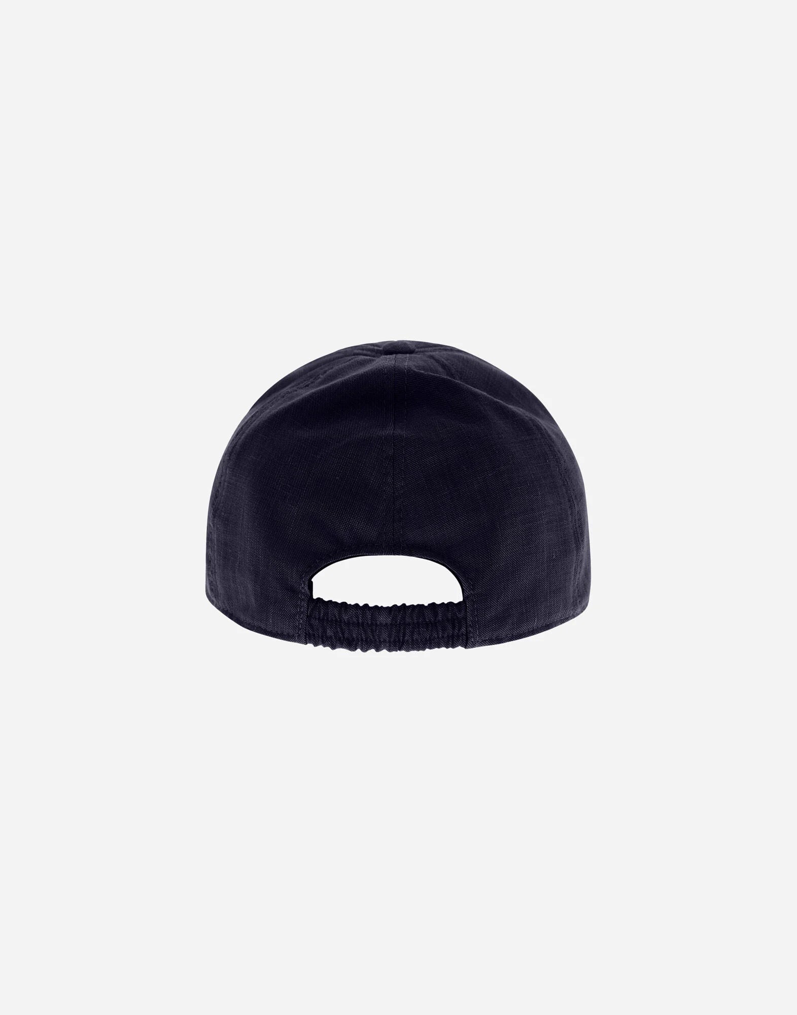 A plain dark navy Herno Navy Wool/Silk/Linen Loro Piana Woven Cap is shown from the back with an elasticated strap at the bottom center, set against a light gray background and no visible logos or decorations. , available at Richard Gelding Mayfair