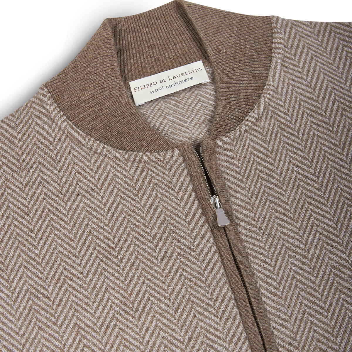 Beige/Brown Herringbone Full Zip Wool Cashmere Bomber