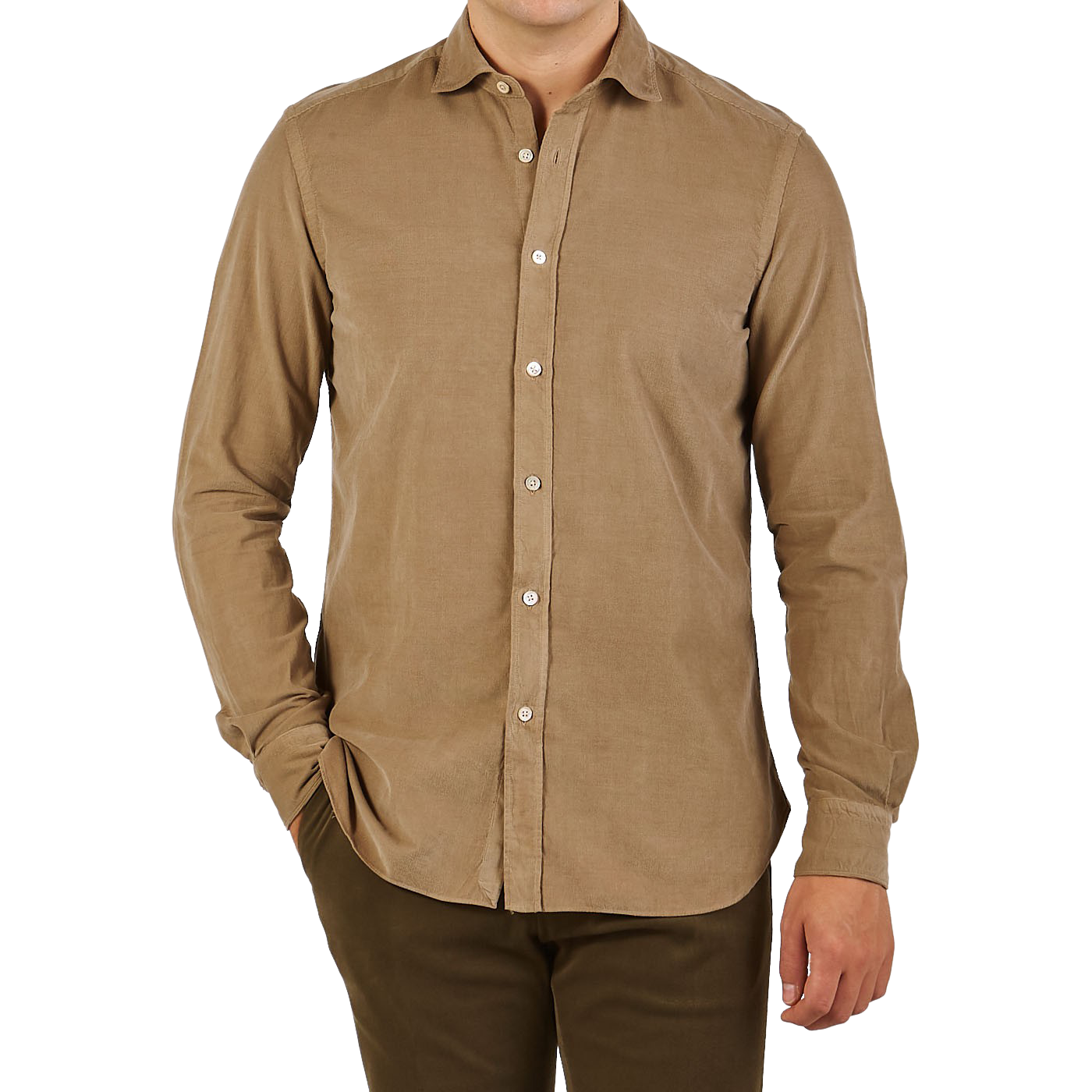 Boglioli Beige Micro Cotton Corduroy Cut Away Shirt Front