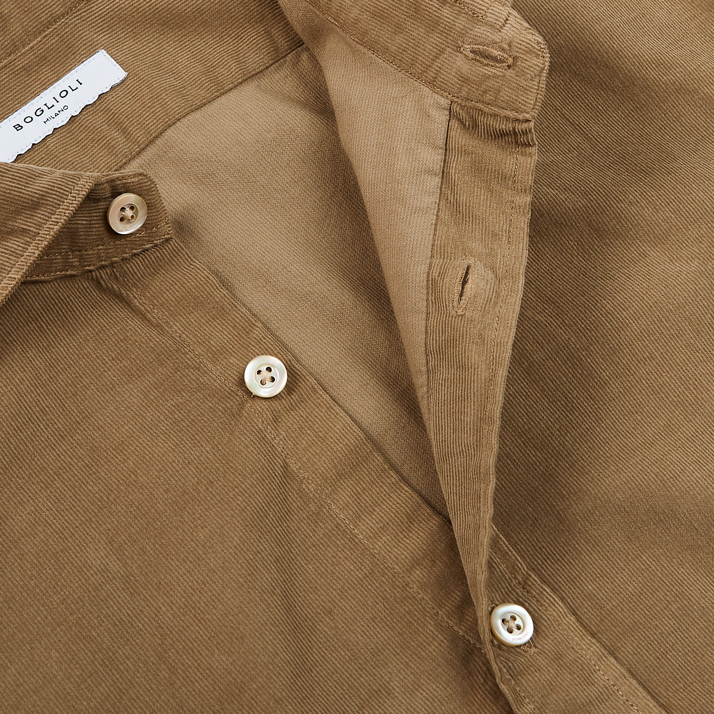 Boglioli Beige Micro Cotton Corduroy Cut Away Shirt Open