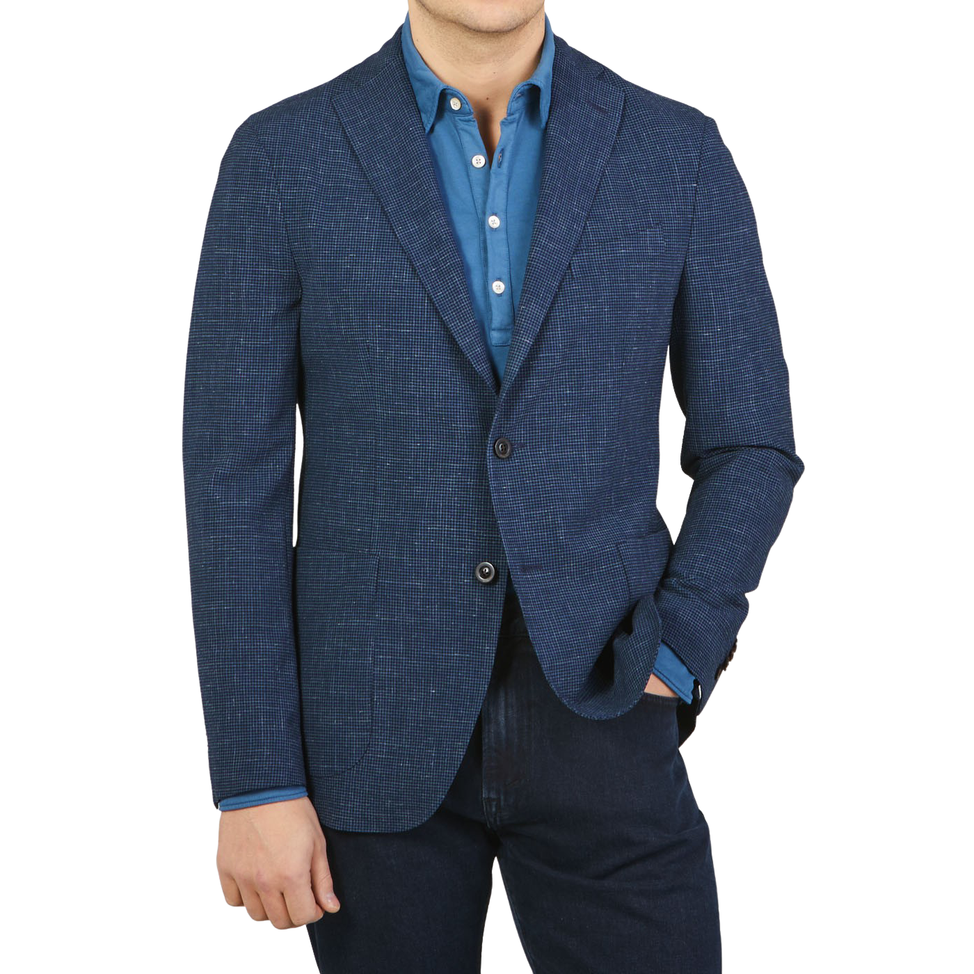 Boglioli Blue Wool Linen Puppytooth K Jacket Front