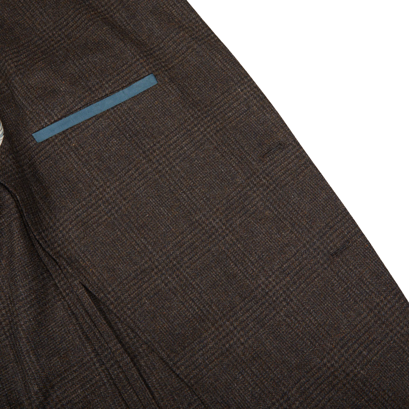A Boglioli Brown Checked Lambswool K Jacket with a blue pocket, known for its unstructured craftsmanship and made in Italy.