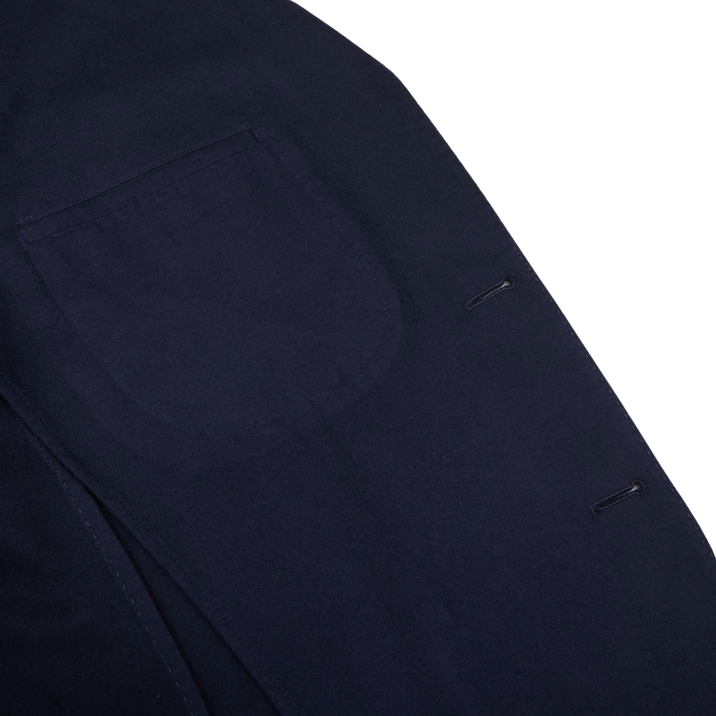 A close up of the pocket of a navy Boglioli K.Jacket with unstructured craftsmanship.