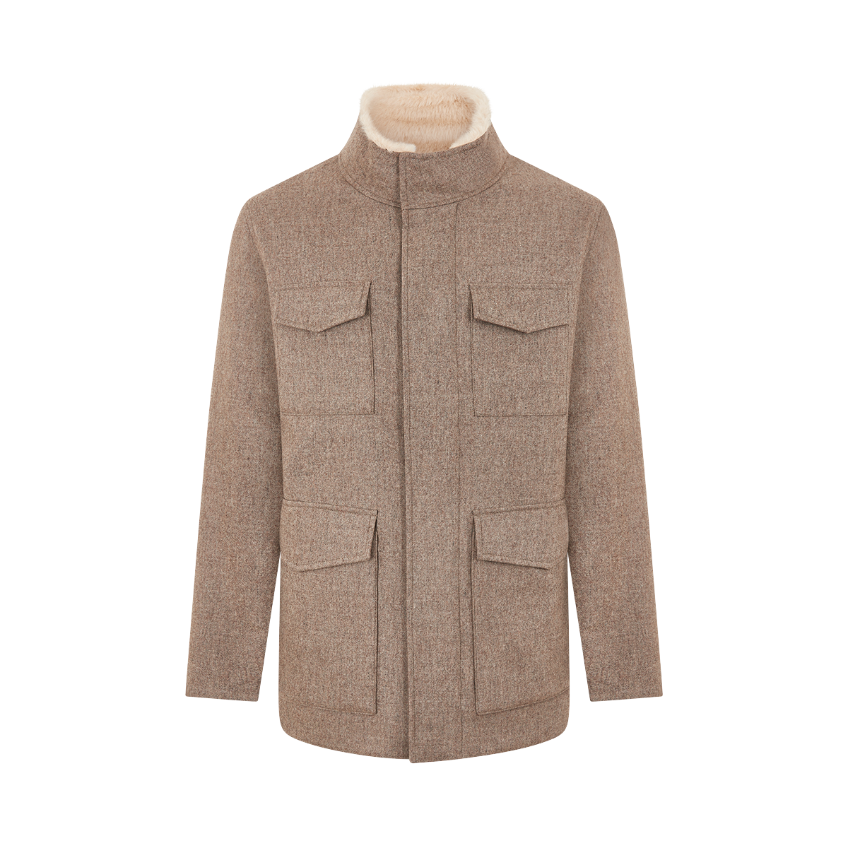 Taupe Brown Wool Four Pocket Field Jacket With Faux Fur Collar
