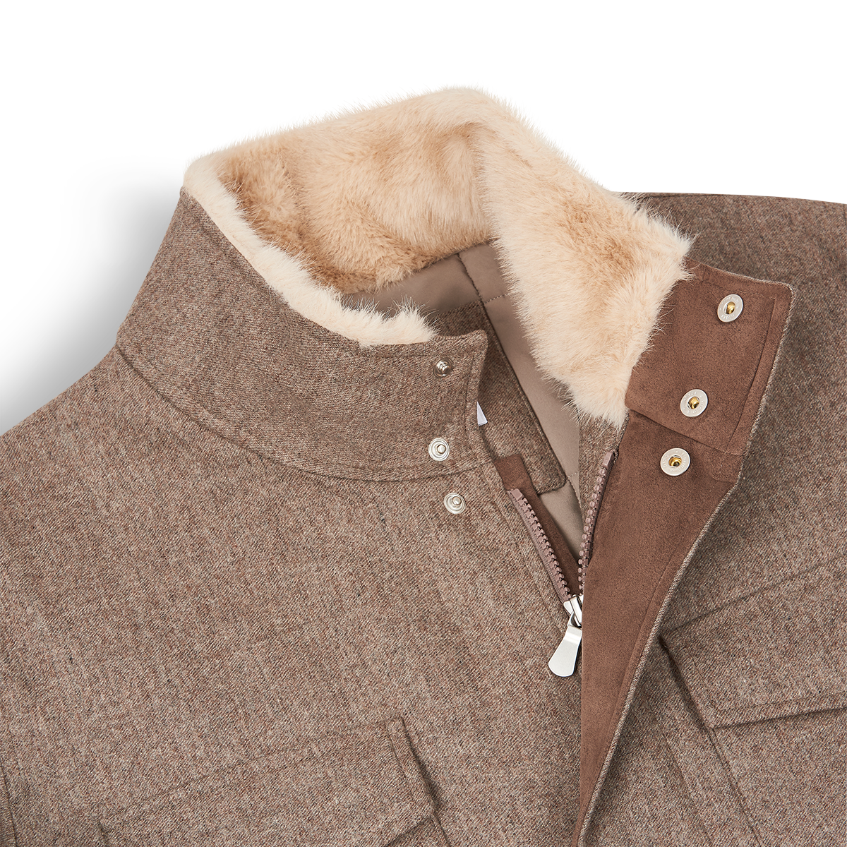 Taupe Brown Wool Four Pocket Field Jacket With Faux Fur Collar
