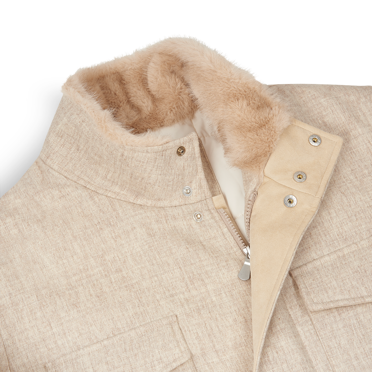 Beige Wool Four Pocket Field Jacket With Faux Fur Collar