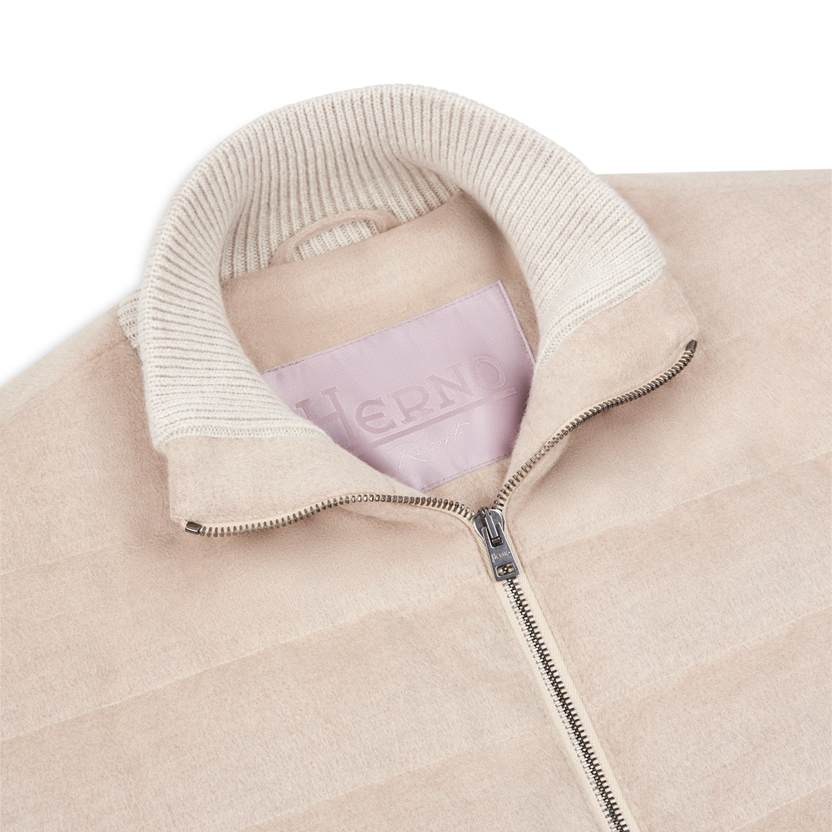 Cream Cash-Feel Knit Sleeve Padded Blouson