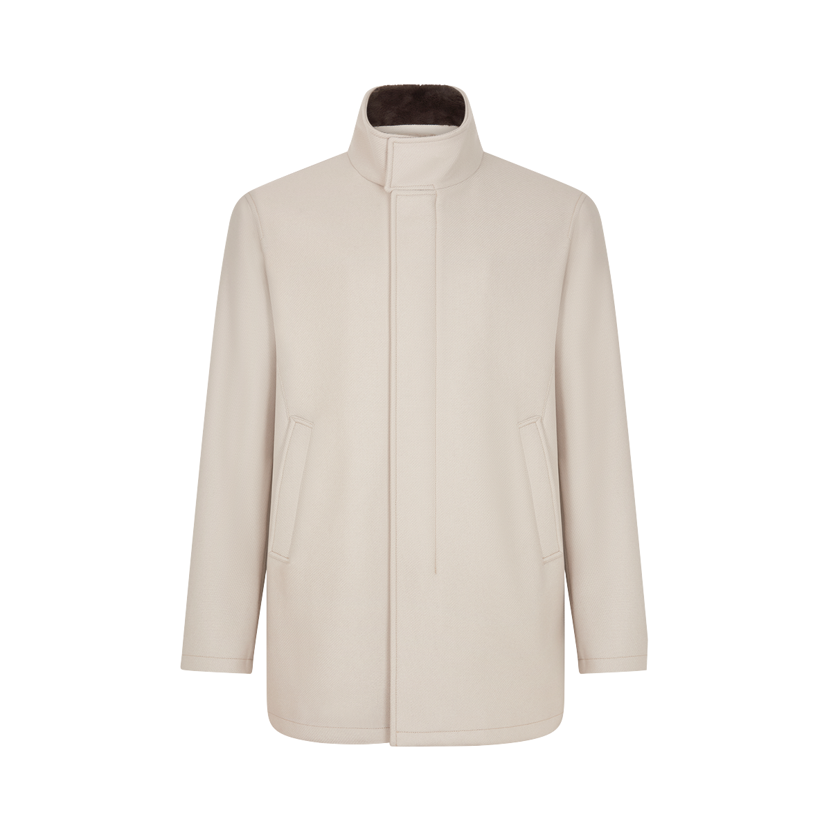 Off White Diagonal Wool Car Coat with Faux Fur Collar