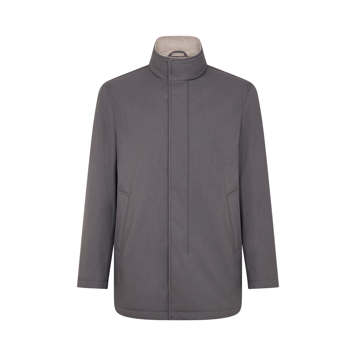 Grey Melange Twill Car Coat with Suede effect collar