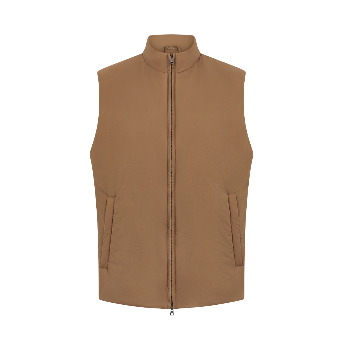The Herno Camel Brown Lightweight Nylon Gilet is a sleeveless outerwear with a stand collar and two slanted side pockets, featuring a minimalist design in smooth nylon, displayed against a plain white background. , available at Richard Gelding Mayfair
