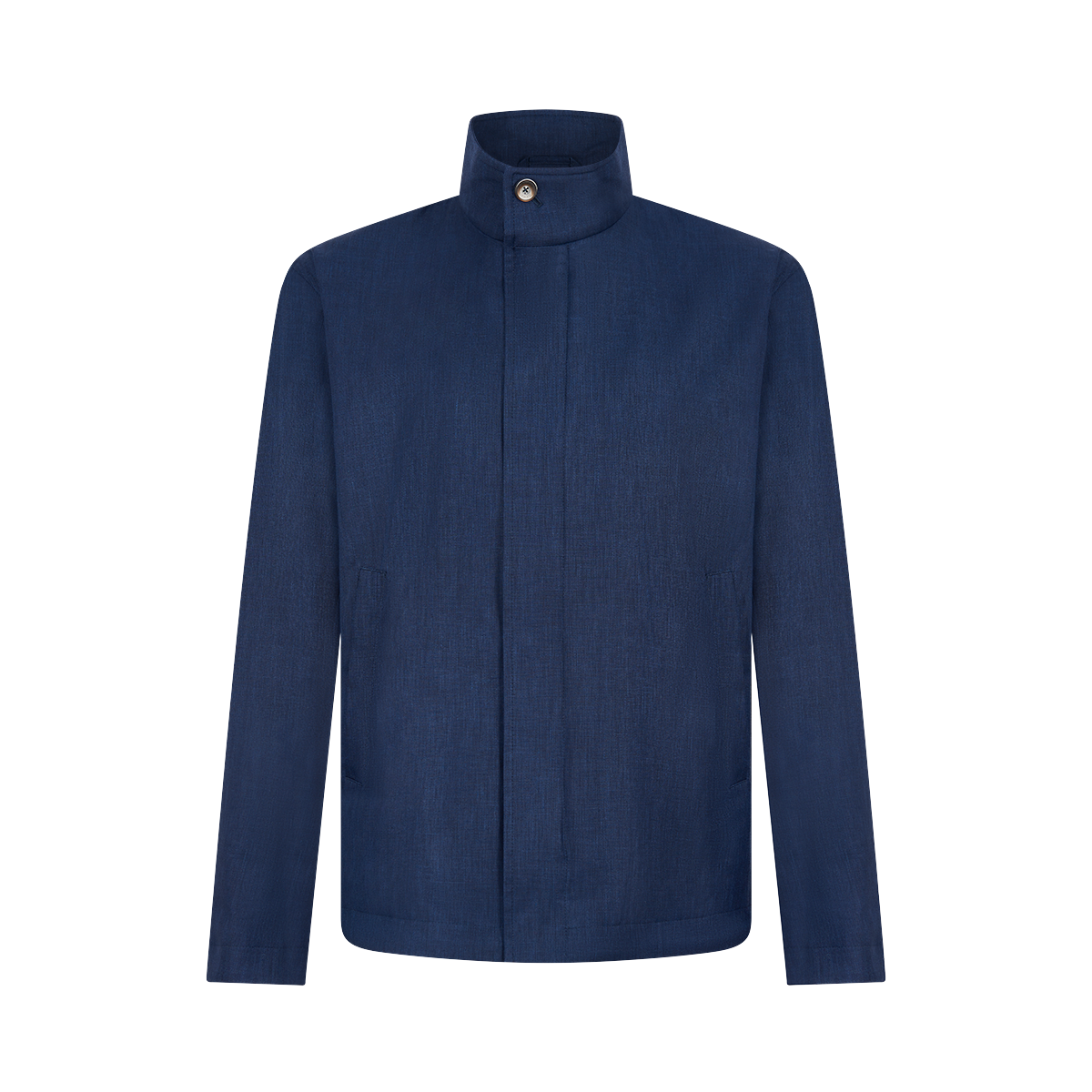 The Herno Navy Wool/Silk/Linen Loro Piana Storm System Car Coat for men features a high collar, single neck button, concealed front closure, and minimalist design with no visible pockets. Inspired by the classic Loro Piana coat, shown on white. , available at Richard Gelding Mayfair