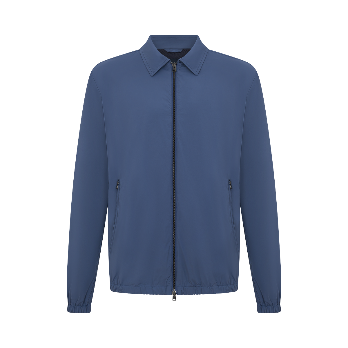 The Herno Blue Lightweight Nylon Zip Jacket features a classic collar, front zipper, side zip pockets, and elastic cuffs and hem. It’s shown from the front on a plain white background. , available at Richard Gelding Mayfair