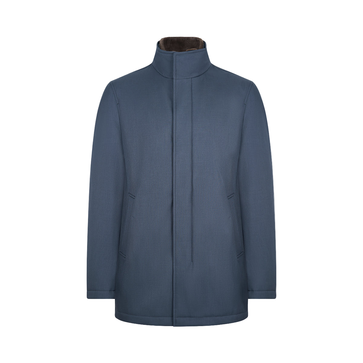 Navy Blue Melange Twill Coat with Faux Fur Collar