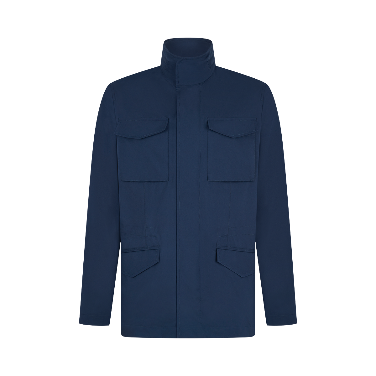 The Manto Navy Japanese Nylon Andromeda Packable Field Jacket features a high collar, front zipper with placket, and four flap pockets, highlighting minimalist Japanese design against a plain white background. , available at Richard Gelding Mayfair