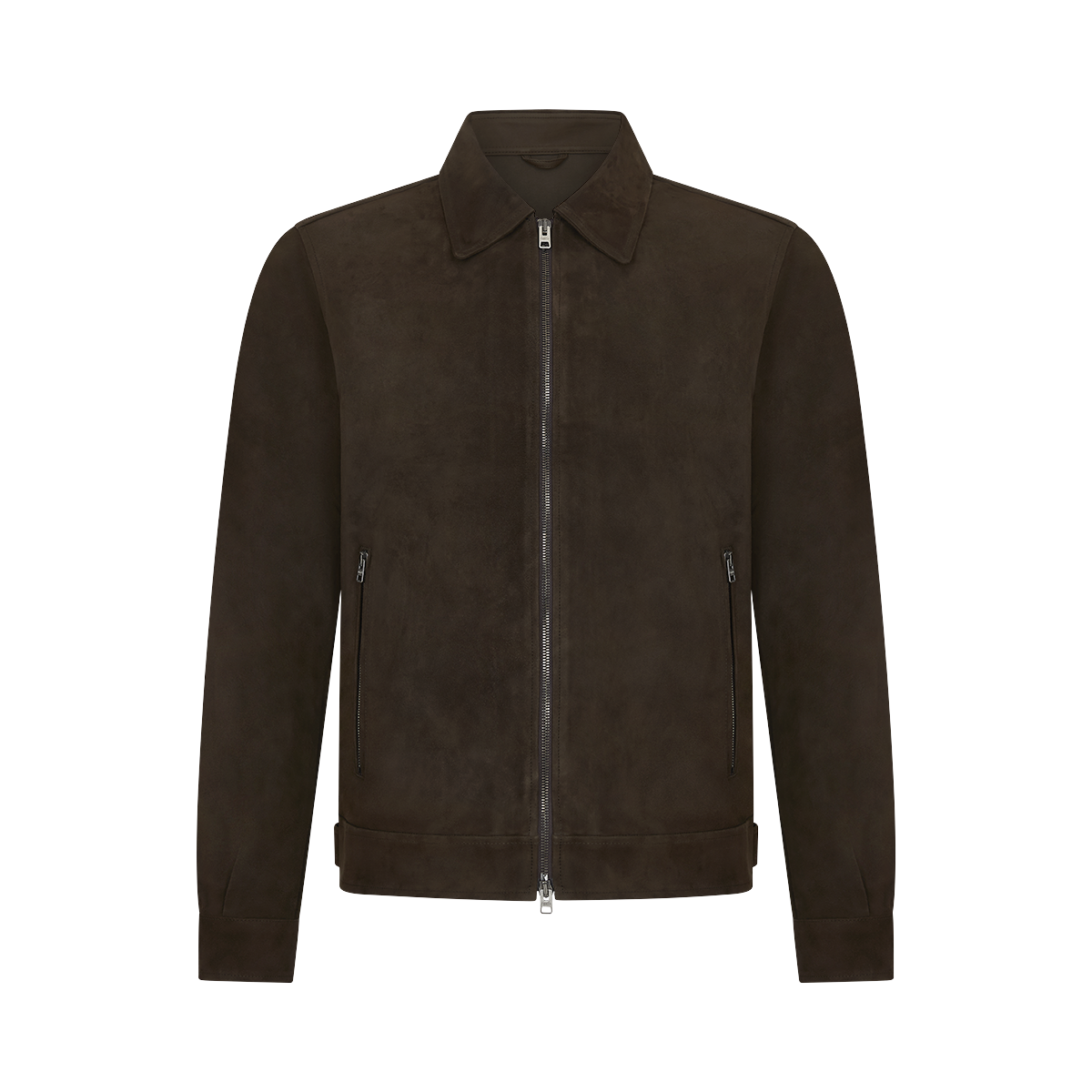 The Manto Chocolate Brown Strozzi Zip Suede Blouson features a pointed collar, front zipper, side zippered pockets, and ribbed cuffs and hem. This men's jacket has a clean, tailored look and is shown against a plain white background. , available at Richard Gelding Mayfair