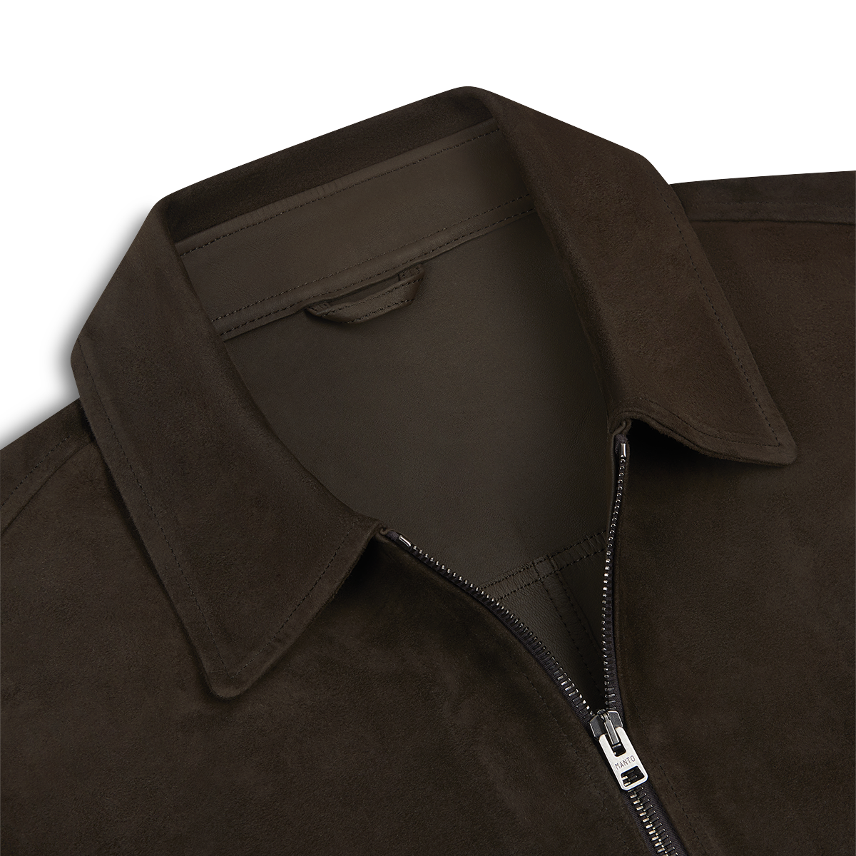 Close-up of the Manto Chocolate Brown Strozzi Zip Suede Blouson, highlighting its pointed collar, soft textured suede finish, and silver zipper partially open to reveal the matching brown lining. , available at Richard Gelding Mayfair