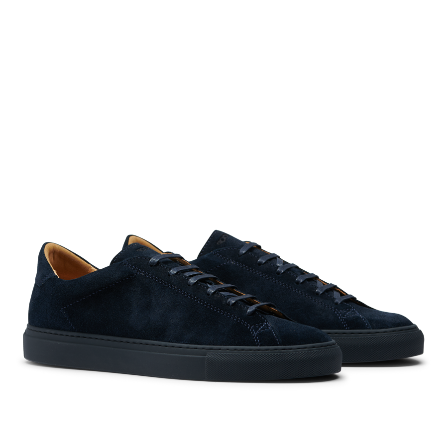 A pair of All Blue Suede Leather Racquet Sr sneakers by CQP with black laces and arch support on a white background.